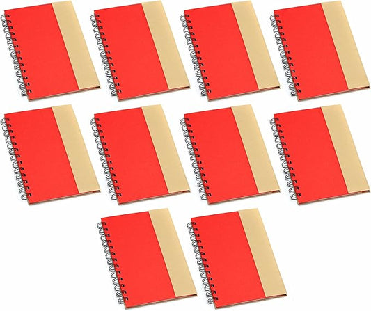 DISCOUNT PROMOS Eco Friendly Spiral Notebooks with Pens Set of 10, Bulk Pack - Perfect for School, Office, Home - Red