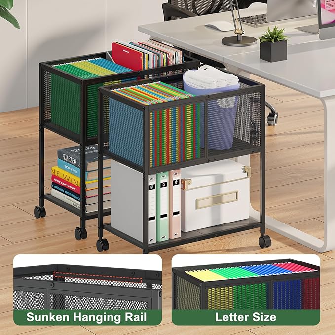 Sbanmao Rolling File Cart, Mobile File Cabinet with Wheels Hanging Files, Metal Hanging File Folder Cart File Organizer Fit Letter Size for Home Office, Black (Patent Pending)