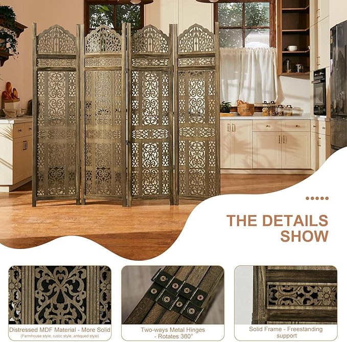 5.75Ft Room Divider Wood Screen, 33Lbs Durable Antiqued Style MDF Carved Headboard, Reversible Freestanding Folding Partition Paravent for Home Terrace, 69 * 71 inch(H*W) - 4 Panels (Antique Brown)