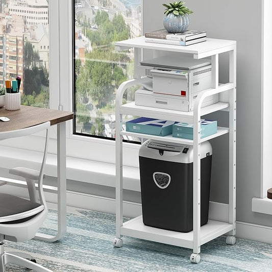 Fannova 4 Tier White Printer Stand Table with Adjustable Shelves, Movable Printer Shredder Stand with Wheels for Home Office Storage and Organization, Rolling Cart for Computer Tower CPU