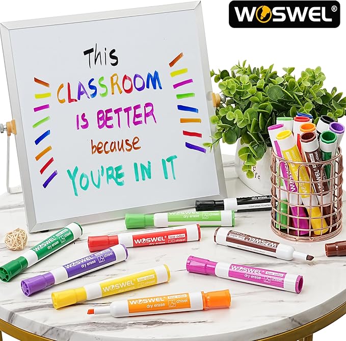 WOSWEL Dry Erase Markers, Chisel Tip Whiteboard Markers, Low Odor Thick Dry Markers, 50 Bulk 10 Assorted Colors for Teachers, Classroom, Office & Home Use