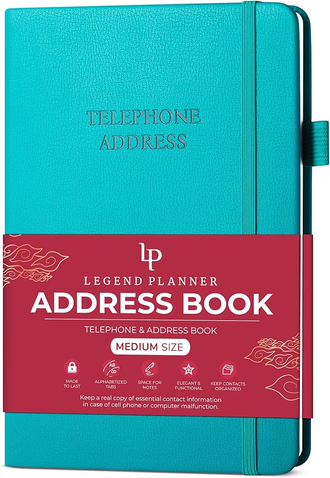 Legend Planner Address Book with Alphabetical Tabs –Telephone Contacts Book for Phone Numbers, Addresses, Passwords, Medium (Turquoise)
