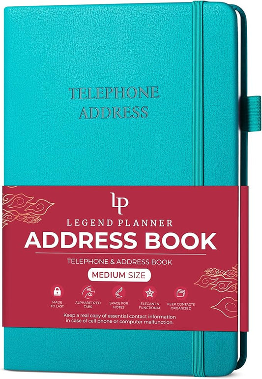 Legend Planner Address Book with Alphabetical Tabs –Telephone Contacts Book for Phone Numbers, Addresses, Passwords, Medium (Turquoise)
