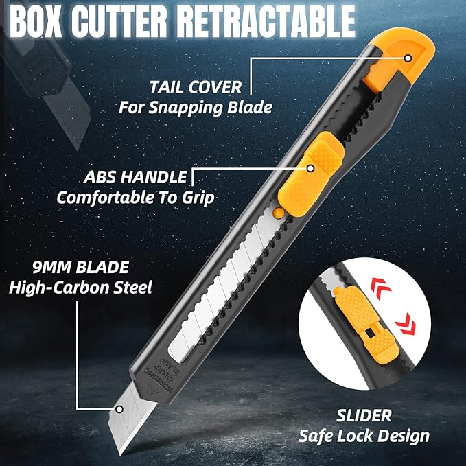 TIFICAL 24 Pack Box Cutter Retractable, Utility Knife 9MM Wide Snap-Off Blades, Exacto Knife for Cutting Box, Wrapping, Cardboard, Extended Box Opener Perfect for Office, Home, School
