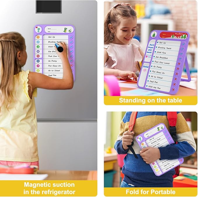 2-Pack Magnetic Chore Chart for Kids, ADHD Task Tracker Easy-Check Routine Dry Erase Board, to-Do List Planning Tool with Stand for Fridge/Desk/Home/School, 6 Reusable Sheets, 4 Markers Purple