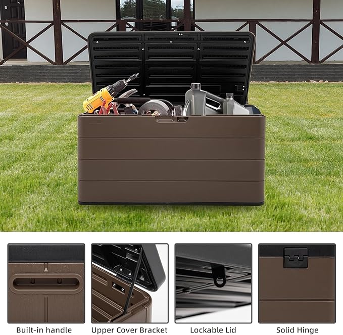 TARKARI Premium Pro Edition 100 Gallon Lockable Resin Deck Box, Waterproof & UV-Resistant Outdoor Storage Box for Outdoor Cushion Storage, Garden Tools & Pool Accessories Storage, Brown
