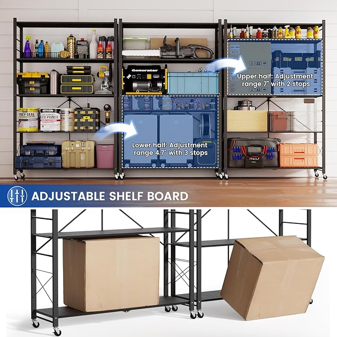 ALANNG 40" W Foldable 5-Tier Storage Shelves with Wheels, Adjustable & Removable Metal Rack, Heavy Duty Rolling Organizer for Kitchen, Garage, Closet, Pantry, and Office (Black,3 Pack)