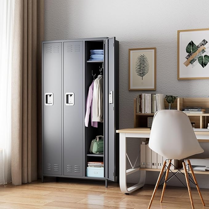 SUPEER Metal Employee Lockers with 3 Doors,Metal Locker with 9 Hooks for Office Gym Garage Home,Assembly Required,Dark Grey