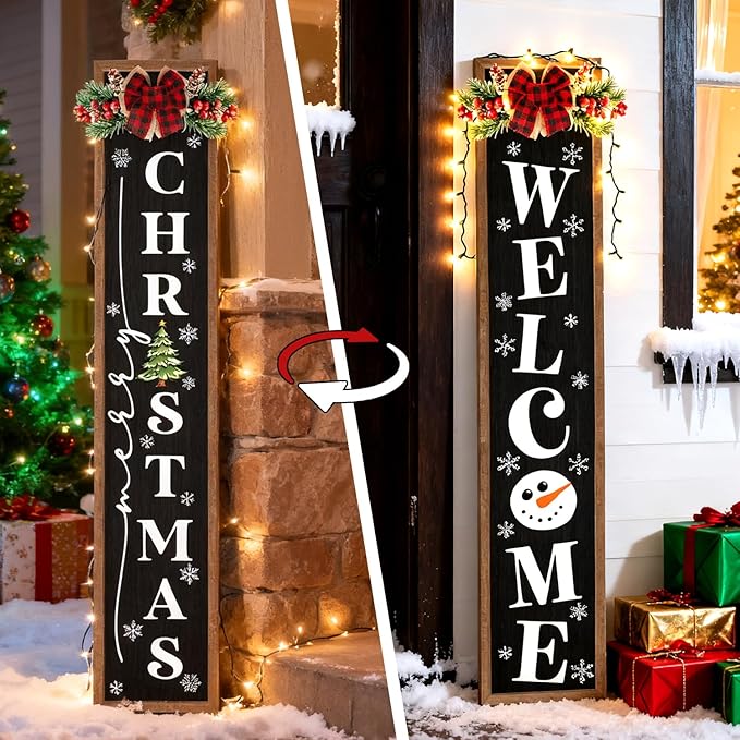 Double-sided Merry Christmas Wooden Sign Stand with Magnetic-adhesive Wreath for Front Door, 47" Farmhouse Vertical Snowman Welcome Porch Sign, 2in1 Tall Xmas Porch Leaner Decor