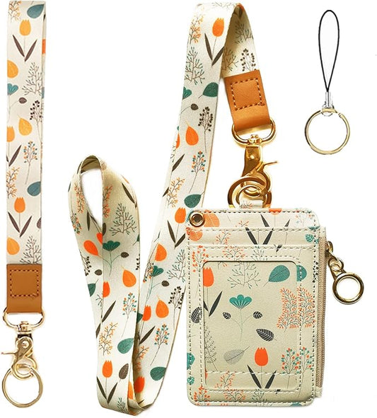 bolimoss Wallet Lanyard for id Badges,Lanyard Wallet for Women,Fashion Badge Holder with Zipper (Light Yellow)