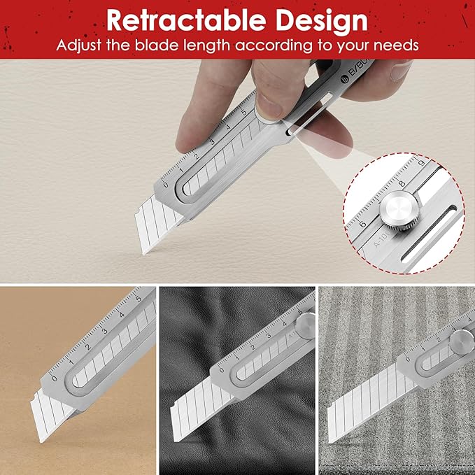 BIBURY 2 Pack Mutipurpose Utility Knife, Heave Duty Full Stainless Steel Retractable Box Cutter with 10PCS replaceable Blades (18mm Wide), Multi-functional Extended Razor Knife for Office, Home,School