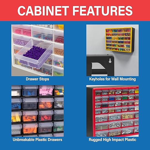 Akro-Mils 64-Drawer Plastic Drawer Storage Cabinet for Garage Organization, Bead Organizer, Building Bricks Storage, Teacher Toolbox, Makeup Organizer, 20" W x 6" D x 16" H, 10164 White