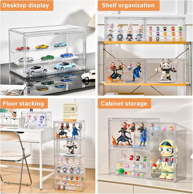 Freebat Clear Acrylic Display Case for Collectibles - 3-Tier Adjustable Figure Display with Magnetic Door & Removable Shelves,Stackable Dispaly Box for Figures - 2 Pack