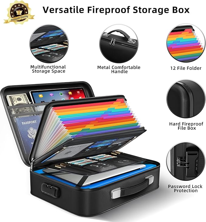 Deelhety Fireproof Document Box - 8-Layer Hard Shell Fire Proof Safe for Home Documents, Water Resistant File Organizer for Desk Money, Safety Box for Passports Certificates Laptop