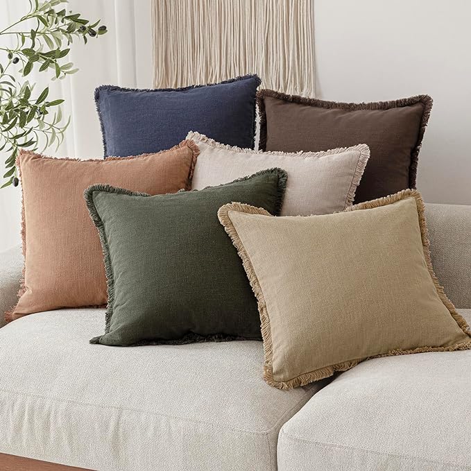 Foindtower Set of 2 Decorative Linen Fringe Throw Pillow Covers Boho Farmhouse Cushion Cover with Tassels Soft Accent Pillowcase for Couch Chair Sofa Bed Living Room Home Decor,20×20 Inch,Tan Beige