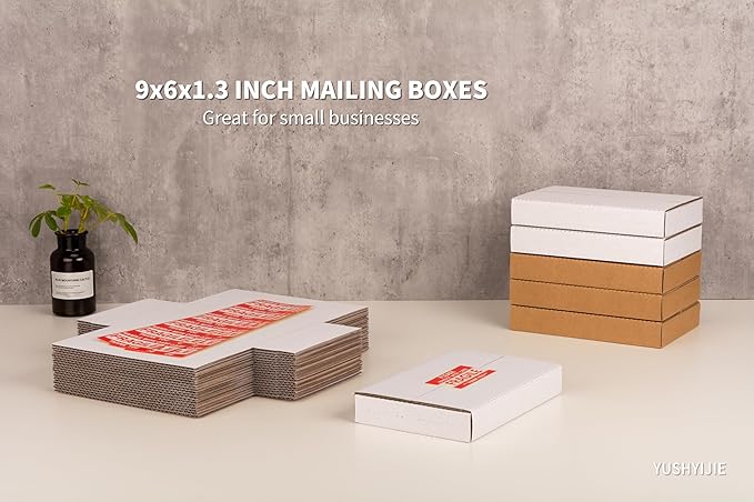 YUSHYIJIE 50 Pack 9x6x1.3 inch Small Shipping Boxes, Multi-Depth Flat Cardboard Boxes with Fragile Stickers for DVD Shipping, Packing, Moving, Storage, White