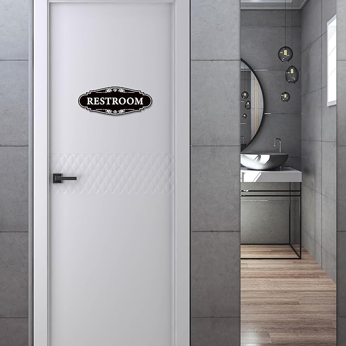 Restroom Sign for Business and Home，Self-adhesive Unisex Bathroom Sign Sticker，Waterproof Vinyl Toilet Decor for House，Office，Shop，Door（Black）