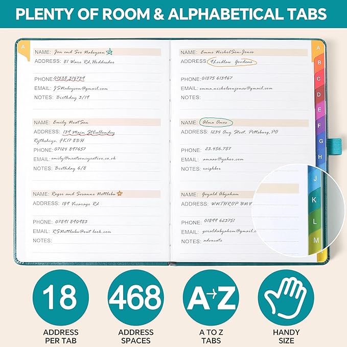 ZXHQ Address Book with Colorful Alphabetical Tabs (8.4" x 5.8") - Address Books for Seniors Hardcover Telephone and Contact Organizer, with Space for Important Website Passwords - Seagreen