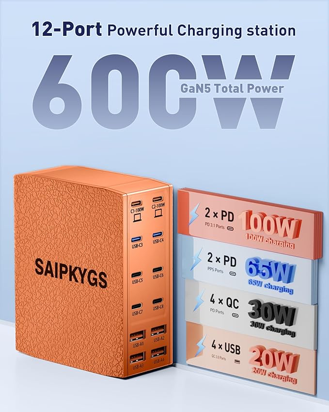 SAIPKYGS USB Charging Station (600W),12-Port USB C Charger Block with Dual 100W PD USB-C Fast Charging Station Hub for MacBook Pro/Air/All iPad Phone 17/16 15/14/13/Pro Max/Samsung Galaxy Note(Orange)