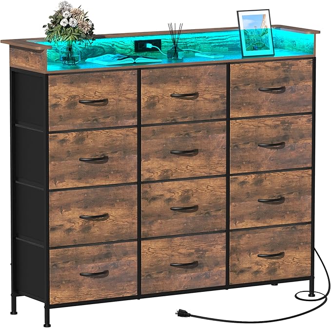 Welfuturer Dresser for Bedroom with 12 Drawers Clothes Dresser with Charging Station and LED Light Fabric Storage Tower for Living Room Hallway Closet Sturdy Steel Frame Wooden Top Rustic Brown