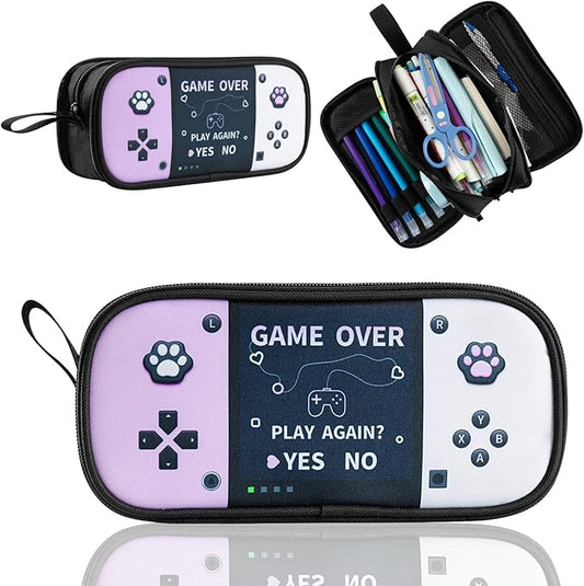 Easozoom Large Game Controller Pencil Case for Teen girl Kid Capacity Pen Box Pouch Organizer Holder Bag with 3 Compartments & Zipper School College Office Supplies (1PCS Pencil Case) (Purple&White)