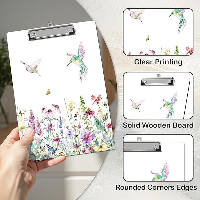 APIILVPQ Wild Flower Clipboard, Spring Clipboards with Low Profile Clip for Office School Use, Watercolor Wooden Clip Boards for Nurses Teachers Students - A04