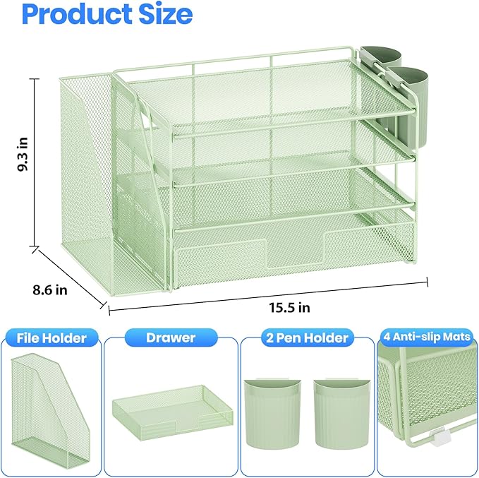OPNICE Desk Organizer, 4-Tier Desktop File Organizer with Drawer and 2 Pen Holders, Office Desk Accessories, File Sorters, Workspace Organizers for Office Supplies(Green)