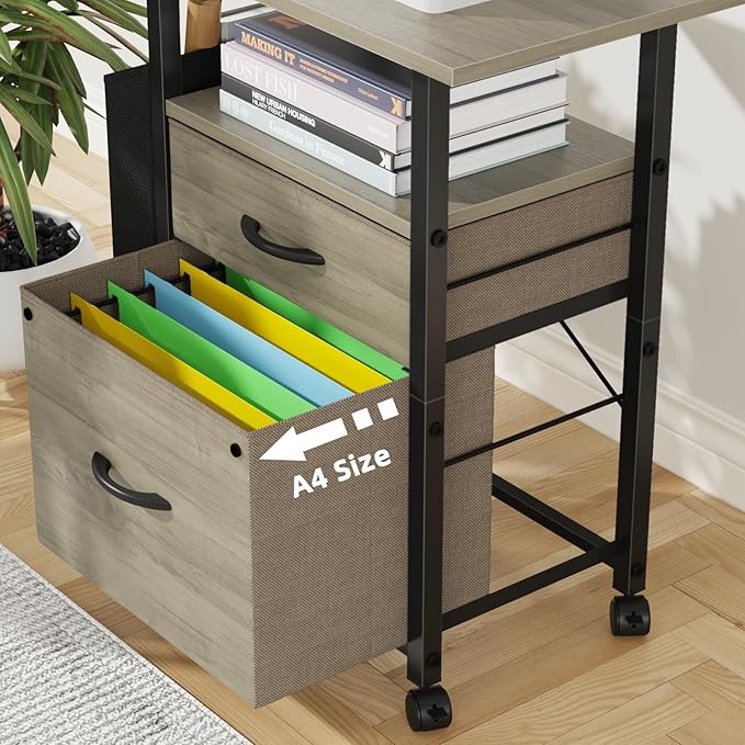 GYIIYUO 2 Drawer File Cabinet with 24'' Extended Desktop, Mobile Filing Cabinet, Rolling File Cabinet with Side Bag, Fabric Drawer, Fits A4/Letter Size, Printer Stand Home Office, Oak Grey