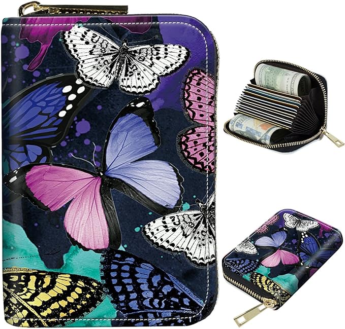 BWEGRHE Cute Credit Card Holder with Zipper, Color Butterfly RFID-Blocking Card Case Small Wallet for Women Men, Multi-slot Card Organizer Case Travel Accordion Wallet