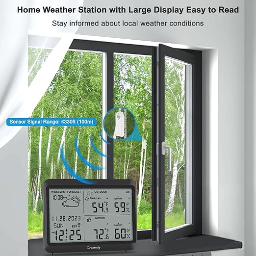 DreamSky Weather Station Indoor Outdoor Thermometer Wireless - Atomic Clock with Indoor/Outdoor Temp, Date & Day, Battery Powered, Home Weather Forecast Clock with Inside Outside Temperature Humidity