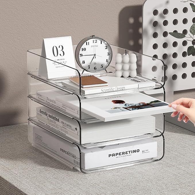 FANXIYQ 4-Tier Acrylic Paper Tray Organizer | Clear Stackable Desk Organizer for Documents, Letters, A4 Paper | Modern Office/Classroom/Home Organization