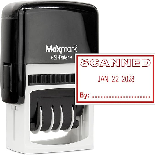 MaxMark Office Self Inking Date Stamp with Phrase Scanned - Red Ink