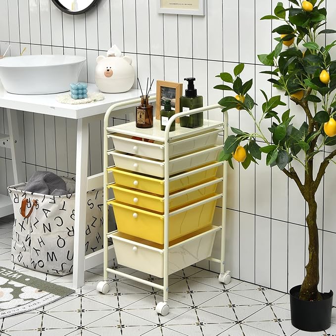 RELAX4LIFE 6-Drawer Rolling Storage Cart - Classroom Organization on Wheels w/Removable Plastic Drawers, Mobile Art Craft Cart for School Paper Home Office, Utility Cart with Drawers (Yellow)