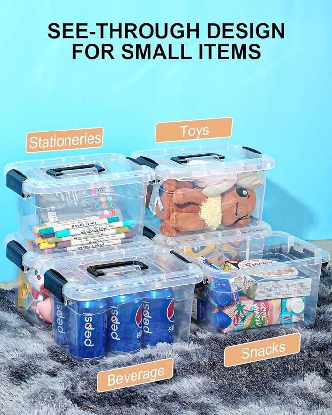 EOENVIVS Plastic Storage Bins 7 Quart-Storage Organizer Bins with Black Buckle Lids, Stackable Storage Bins with Lids for Home Office Kids Room Closet School Art Organization