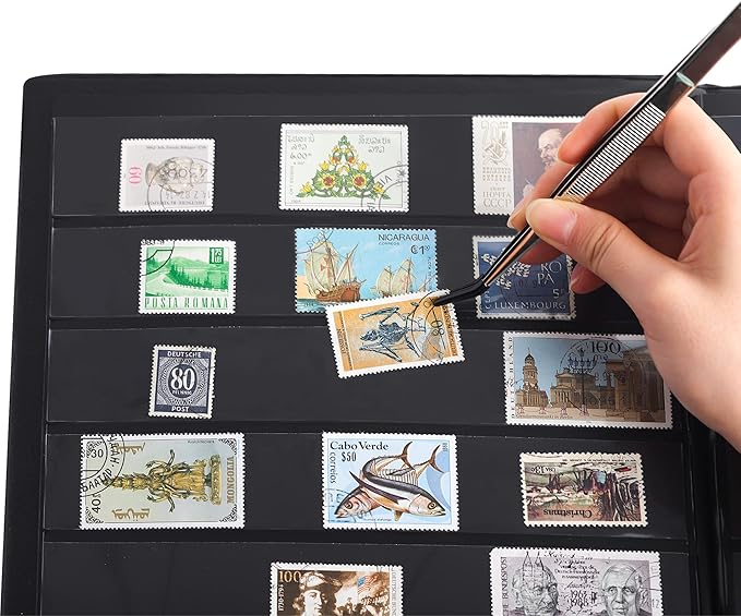 Stamp Albums 140 Pockets - Stockbooks with 35x197mm Sleeves, 10 Double Sided Black Page with Leatherette Padded Black Cover, Collection Storage Folder for Paper Money Postage Stamps AS0107BK