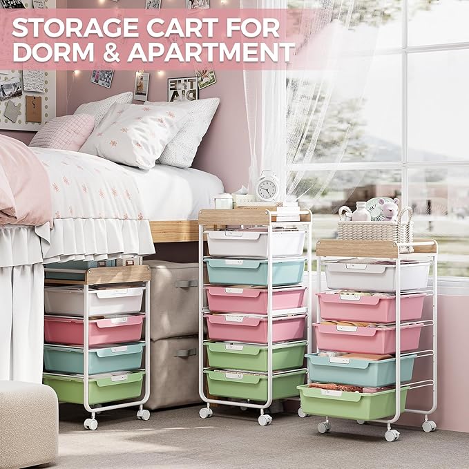 Rolling Storage Utility Cart With 6 Drawers,Art Supply Craft Organizer,Sewing Makeup Organizer And Storage,Office Organization Wooden Tabletop,Colorful
