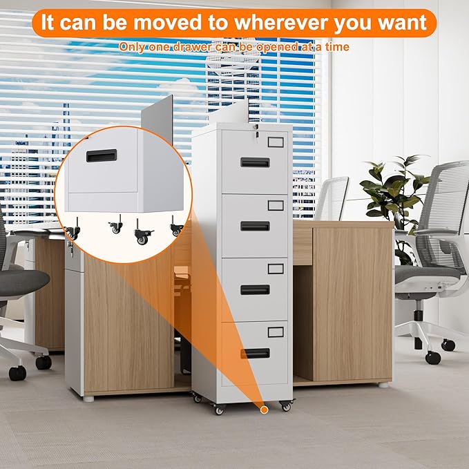METAN 4 Drawer File Cabinet on Wheels, Lockable Metal Filing Cabinet with Handle and Name Card for Office Home,Assembly Required,White