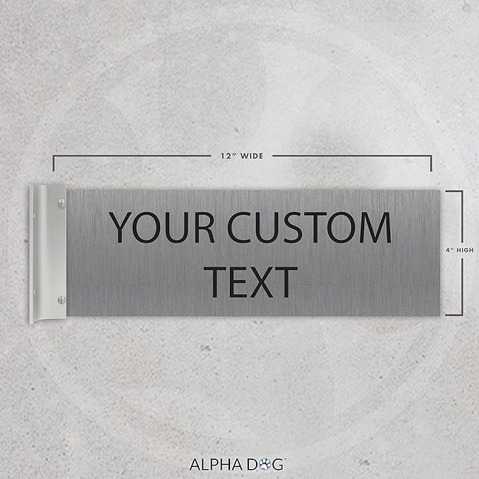 ALPHA DOG SIGNS Custom Projecting Hallway Nameplate, 4"x12" Double-Sided Business Sign, Personalized 2-Line Text, Indoor Outdoor, Easy Install, Durable, Made in USA (Brushed Stainless)