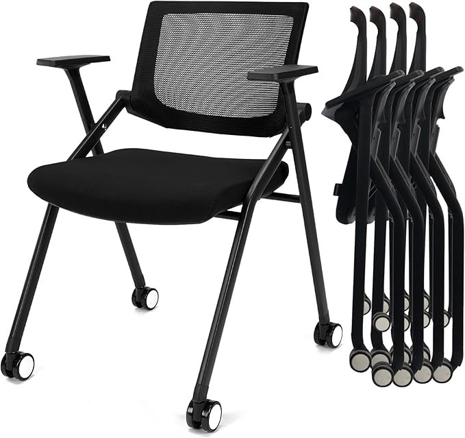BROBRIYO 2 Pack Stackable Conference Room Chairs with Wheels and Paddle, Ergonomic Mesh Back and Arms for Meeting, Conference, Reception, Training Room & Home Office Desk Folding Chairs