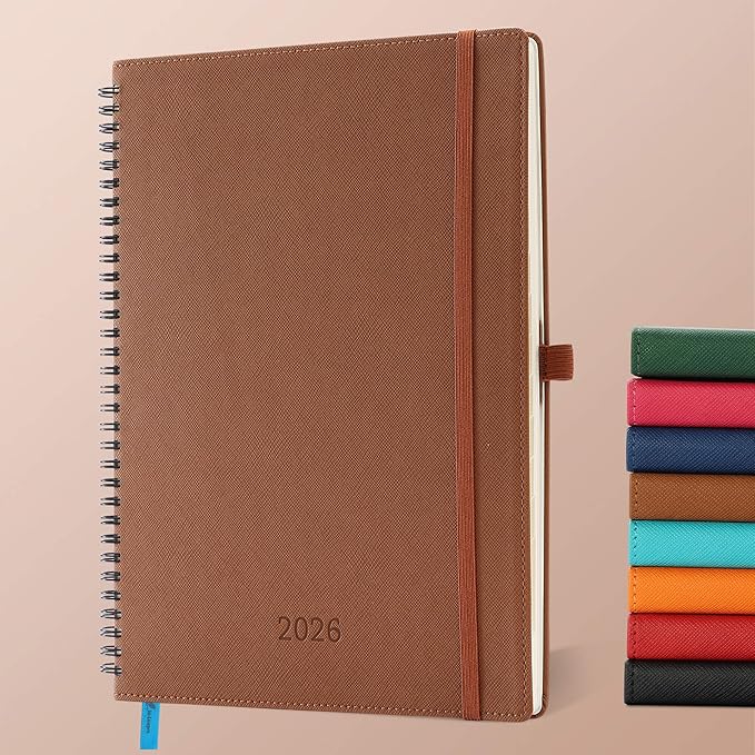 IN-LUXPRO Planner 2026 Daily Weekly and Monthly,11.5"x8.5",12 Months Spiral Bound Calendar Agenda with Self-adhesive Pen Holder,2026 Appointment Book with Vegan Leather Soft Cover,Brown