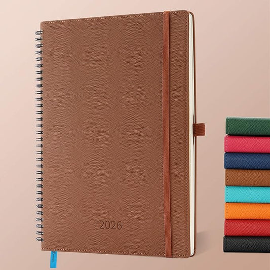 IN-LUXPRO Planner 2026 Daily Weekly and Monthly,11.5"x8.5",12 Months Spiral Bound Calendar Agenda with Self-adhesive Pen Holder,2026 Appointment Book with Vegan Leather Soft Cover,Brown