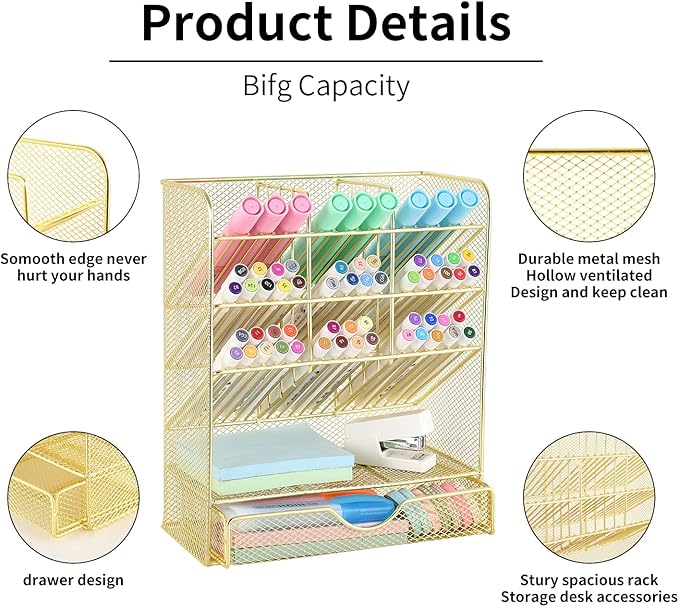 Spacrea Mesh Pen Organizer - Pencil Holder for Desk, Desk Organizer with Drawer for School, Home, Art Supplies (Gold)