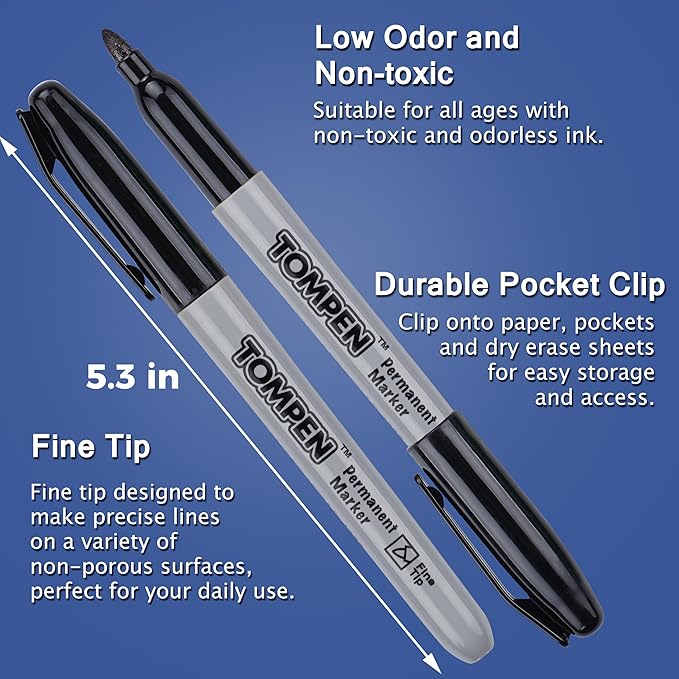 TOMPEN Black Permanent Markers Fine Tip 160 Pack Bulk,Waterproof Permanent Marker Pens with Quick Drying on Wood,Plastic,Paper,Metal,Mirror for Gift Office School Classroom Home