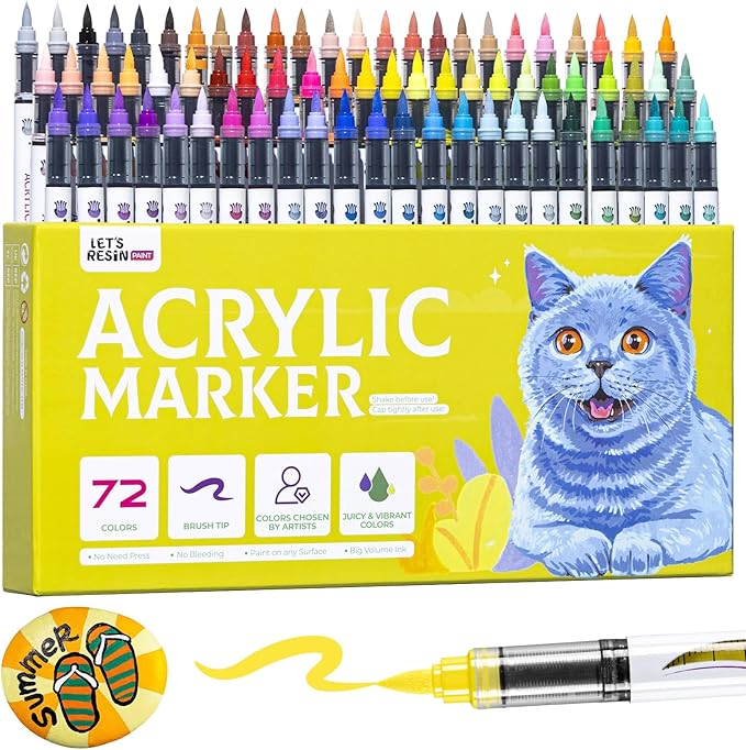 LET'S RESIN PAINT Acrylic Paint Markers Brush Tip 72 Colors,Automatic Ink Control Acrylic Paint Pens,No Bleed & Good Coverage Acrylic Markers for Adult Coloring,Rock Painting,Canvas,Wood,Gifts