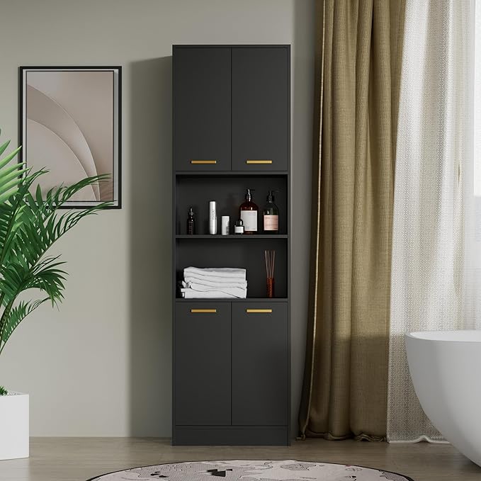 Cozy Castle Kitchen Pantry Cabinet, 75" Tall Wood Storage Cabinet with Doors and Shelves, 4 Doors Open Countertop Utility Hutch Cupboard for Dining Room Living Room Bathroom Furniture, Black