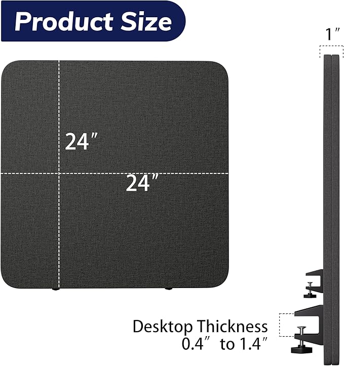 KERRAM Desk Privacy Panel 24 x 24 Inch,Sound Absorbing & Proof Desk Divider for Office, Clamp-on/Screw-on Acoustic Desk Back Panel Partition, Dark Gray