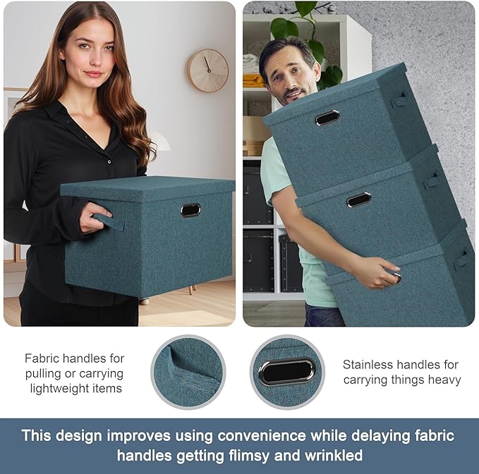 Graciadeco Large 17" 36 Quart Collapsible Stackable Storage Bins with Lids, 3 Packs Blue-Green Linen Fabric Closet Boxes with Lids, Storage Cube Baskets Container Organizers for Bedroom (17x12x11)