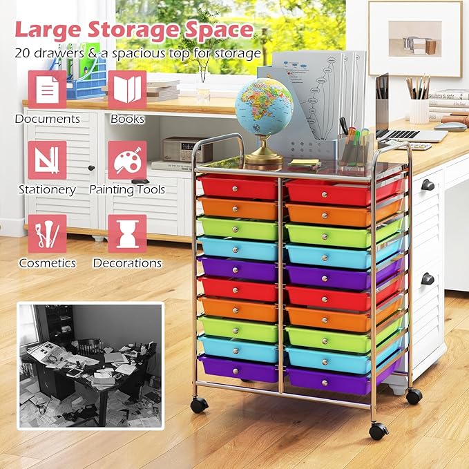 Happygrill 20-Drawer Organizer Cart Tools, Mobile Utility Storage Cart with Removable Drawers & Lockable Wheels, Rolling Storage Cart with wheels for Home Office School(Multicolor)