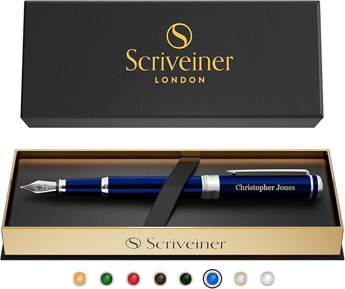 Scriveiner Personalized Midnight Blue Fountain Pen - Stunning Blue Lacquer Luxury Pen, Chrome Finish, German Schmidt Nib (Medium), Best Engraved Pen Gift Set for Men & Women, Name Engraving