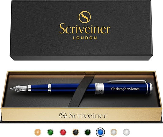 Scriveiner Personalized Midnight Blue Fountain Pen - Stunning Blue Lacquer Luxury Pen, Chrome Finish, German Schmidt Nib (Medium), Best Engraved Pen Gift Set for Men & Women, Name Engraving